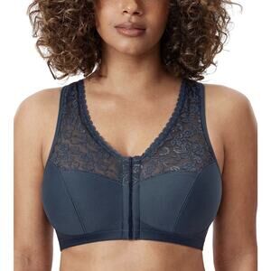 DELIMIRA Women Navy Front Closure Bra Full Coverage Wirefree Lace Racerback 38DD